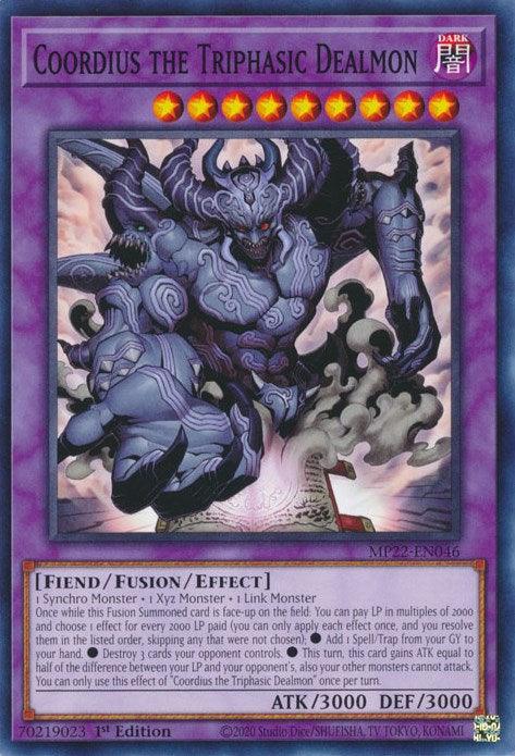 1st Edition, 2022 Tin of the Pharaoh's Gods, Common, Dark, Fiend, Fusion/Effect Monster Coordius the Triphasic Dealmon [MP22-EN046] Common - Trading Card World