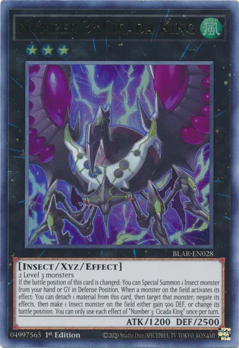 1st Edition, Battles of Legend: Armageddon, Insect, Ultra Rare, Wind, Xyz/Effect Monster Number 3: Cicada King [BLAR-EN028] Ultra Rare - Trading Card World