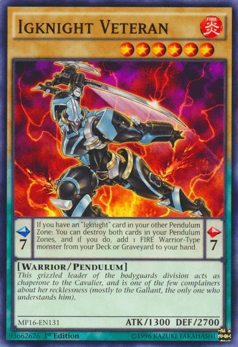 1st Edition, 2016 Mega-Tins Mega Pack, Common, Fire, Pendulum Monster, Unlimited, Warrior Igknight Veteran [MP16-EN131] Common - Trading Card World