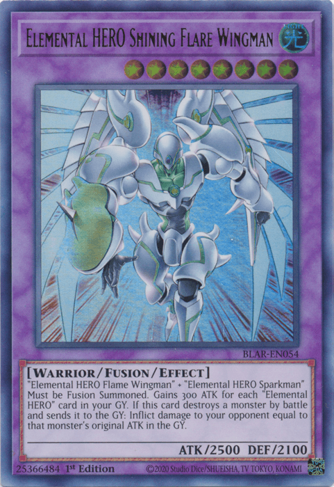 1st Edition, Battles of Legend: Armageddon, Fusion/Effect Monster, Light, Ultra Rare, Warrior Elemental Hero Shining Flare Wingman [BLAR-EN054] Ultra Rare - Trading Card World