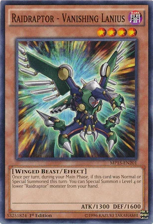 1st Edition, 2015 Mega-Tins Mega Pack, Common, Dark, Effect Monster, Winged Beast Raidraptor - Vanishing Lanius [MP15-EN201] Common - Trading Card World