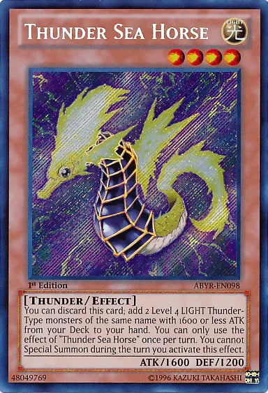 1st Edition, Abyss Rising, Effect Monster, Light, Secret Rare, Thunder, Unlimited Thunder Sea Horse [ABYR-EN098] Secret Rare - Trading Card World