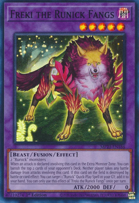 1st Edition, Beast, Dark, Dueling Heroes Collectors Tin - Mega Pack (25th Anniversary Edition), Fusion/Effect Monster, Super Rare Freki the Runick Fangs [MP23-EN186] Super Rare - Trading Card World