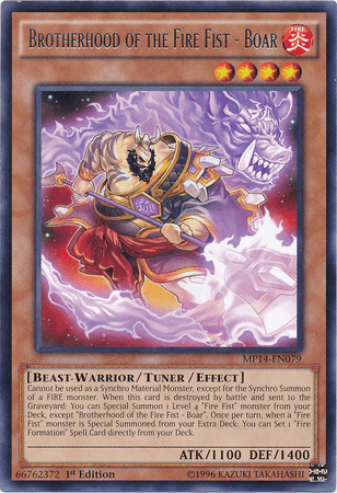 1st Edition, 2014 Mega-Tins Mega Pack, Beast-Warrior, Fire, Rare, Tuner Monster Brotherhood of the Fire Fist - Boar [MP14-EN079] Rare - Trading Card World