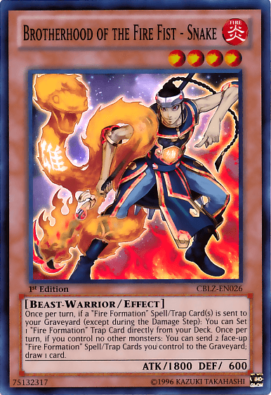 1st Edition, Beast-Warrior, Cosmo Blazer, Effect Monster, Fire, Super Rare, Unlimited Brotherhood of the Fire Fist - Snake [CBLZ-EN026] Super Rare - Trading Card World