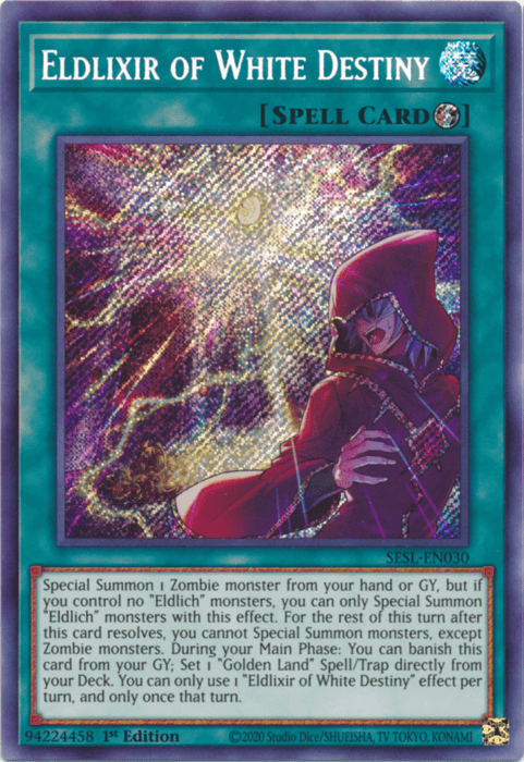 1st Edition, Quick Play Spell, Secret Rare, Secret Slayers, Spell Eldlixir of White Destiny [SESL-EN030] Secret Rare - Trading Card World