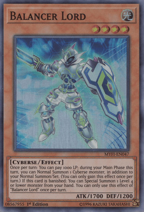 1st Edition, Cyberse, Effect Monster, Light, Mystic Fighters, Super Rare Balancer Lord [MYFI-EN047] Super Rare - Trading Card World