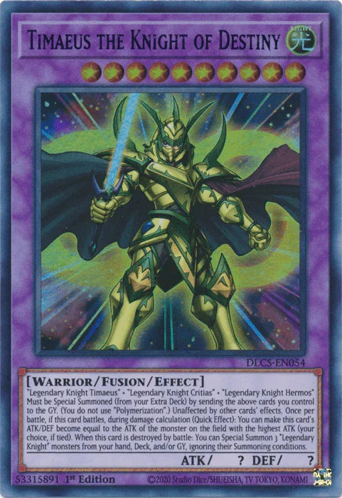 1st Edition, Dragons of Legend: The Complete Series, Fusion/Effect Monster, Light, Ultra Rare, Warrior Timaeus the Knight of Destiny (Blue) [DLCS-EN054] Ultra Rare - Trading Card World