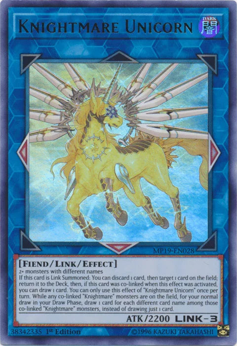 1st Edition, 2019 Gold Sarcophagus Tin Mega Pack, Dark, Fiend, Link/Effect Monster, Ultra Rare, Unlimited Knightmare Unicorn [MP19-EN028] Ultra Rare - Trading Card World