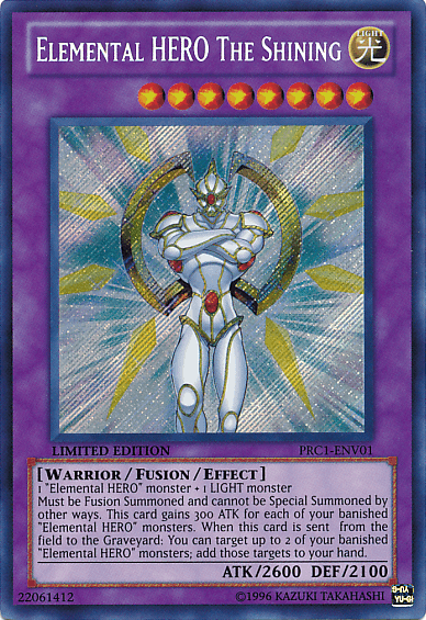 2012 Premium Collection Tin, Fusion/Effect Monster, Light, Limited, Secret Rare, Warrior Elemental Hero The Shining [PRC1-ENV01] Secret Rare - Trading Card World