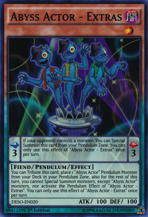 1st Edition, Dark, Destiny Soldiers, Fiend, Pendulum/Effect Monster, Super Rare Abyss Actor - Extras [DESO-EN020] Super Rare - Trading Card World