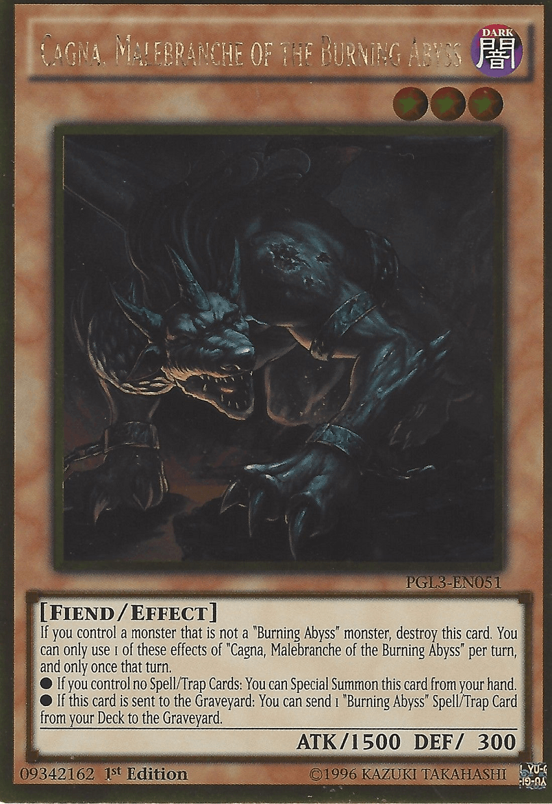 1st Edition, Dark, Effect Monster, Fiend, Gold Rare, Premium Gold: Infinite Gold Cagna, Malebranche of the Burning Abyss [PGL3-EN051] Gold Rare - Trading Card World