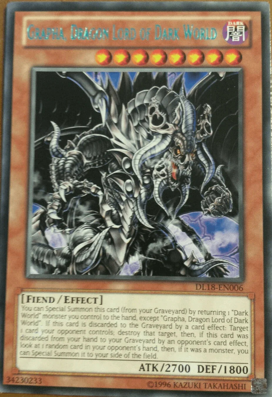 Dark, Duelist League Promo, Effect Monster, Fiend, Rare, Unlimited Grapha, Dragon Lord of Dark World (Green) [DL18-EN006] Rare - Trading Card World