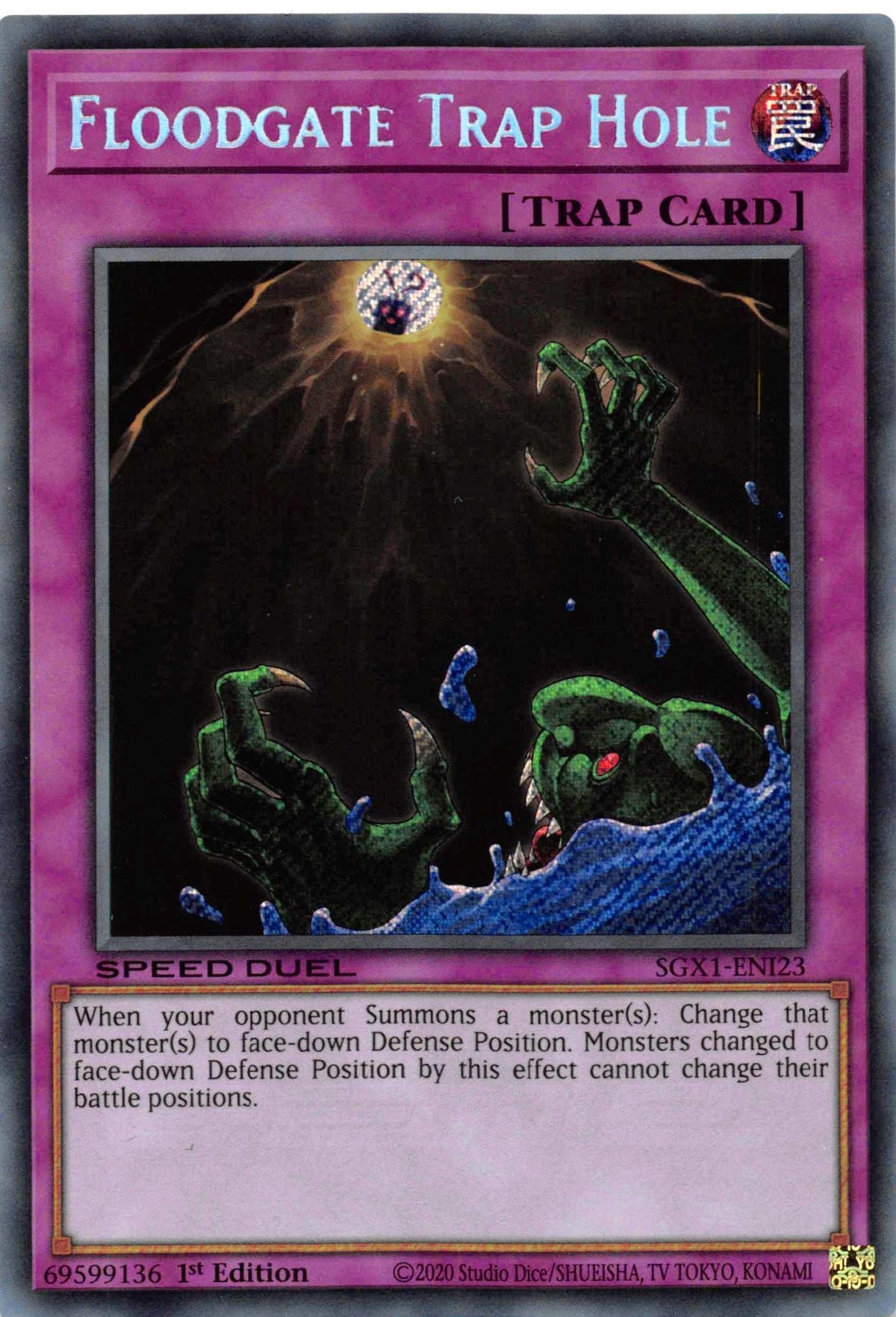 1st Edition, Normal Trap, Secret Rare, Speed Duel GX: Duel Academy Box, Trap Floodgate Trap Hole [SGX1-ENI23] Secret Rare - Trading Card World