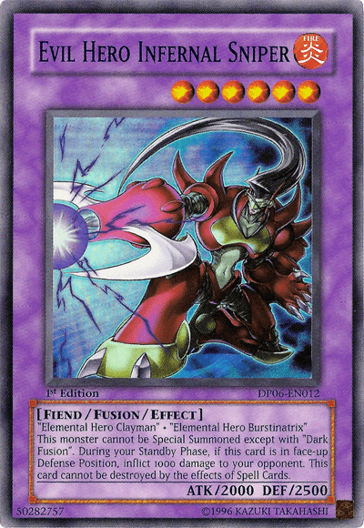 1st Edition, Duelist Pack 6: Jaden Yuki 3, Fiend, Fire, Fusion/Effect Monster, Super Rare, Unlimited Evil Hero Infernal Sniper [DP06-EN012] Super Rare - Trading Card World