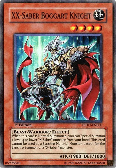 1st Edition, Beast-Warrior, Earth, Effect Monster, Super Rare, The Shining Darkness, Unlimited XX-Saber Boggart Knight [TSHD-EN000] Super Rare - Trading Card World