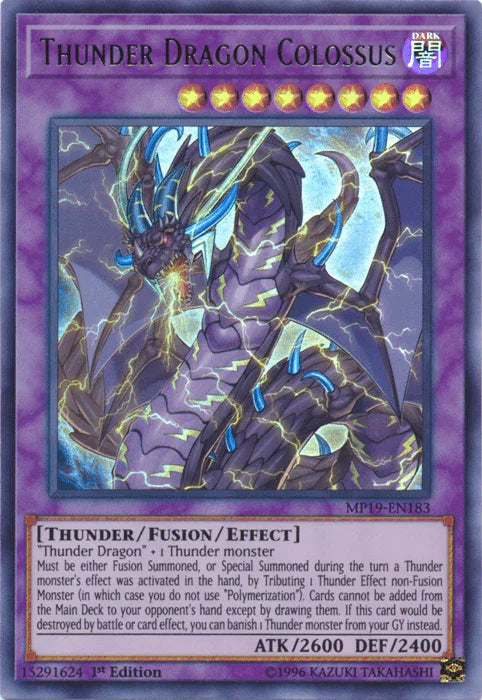 1st Edition, 2019 Gold Sarcophagus Tin Mega Pack, Dark, Fusion/Effect Monster, Thunder, Ultra Rare, Unlimited Thunder Dragon Colossus [MP19-EN183] Ultra Rare - Trading Card World