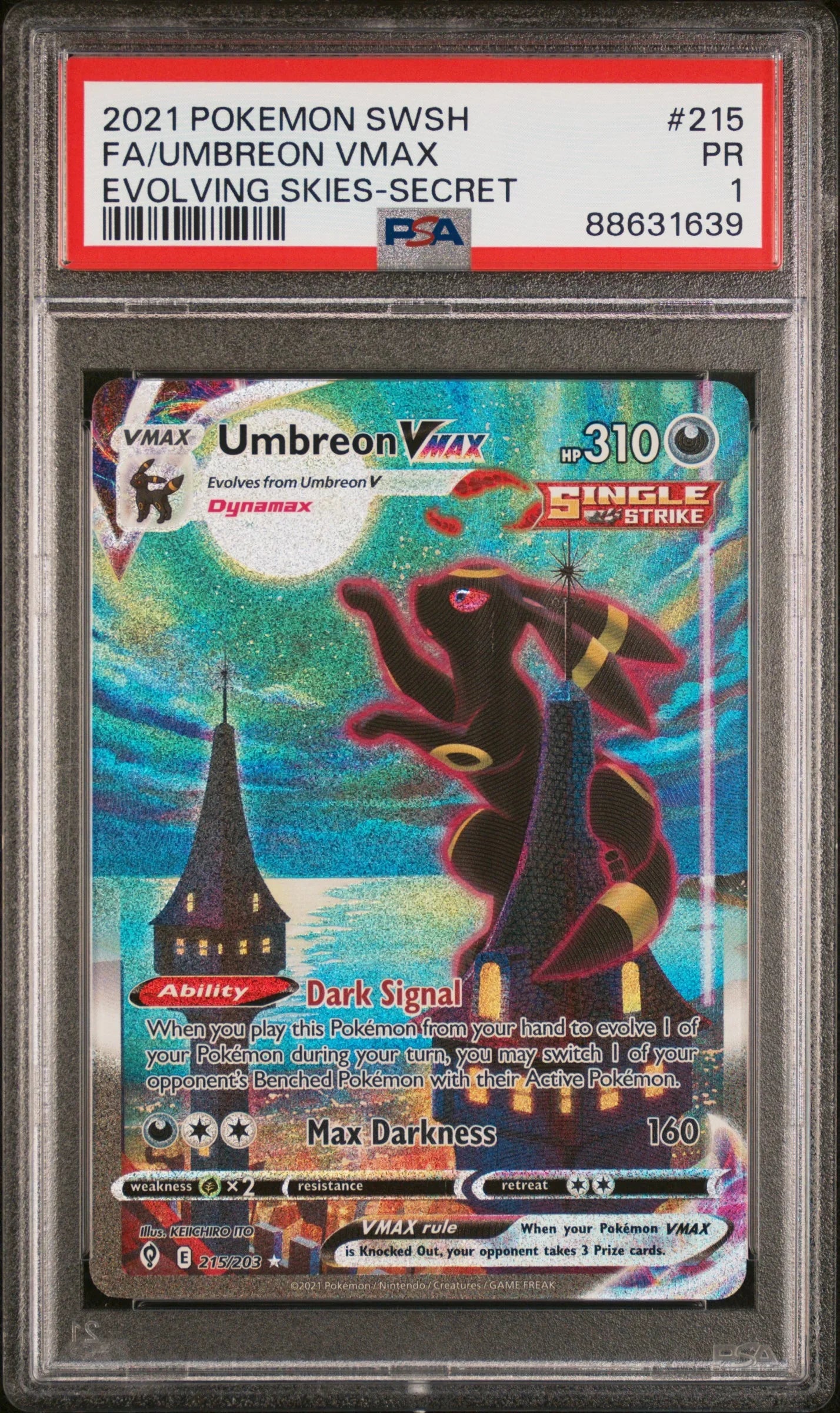 PSA 1 Full Art/umbreon Vmax Secret #215 · Evolving Skies · 2021 — front