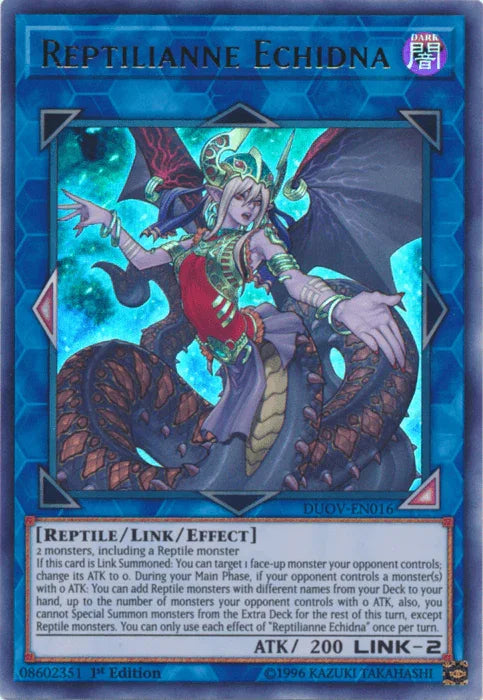 1st Edition, Dark, Duel Overload, Link/Effect Monster, Reptile, Ultra Rare Reptilianne Echidna [DUOV-EN016] Ultra Rare - Trading Card World