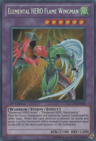 1st Edition, Fusion/Effect Monster, Legendary Collection 2, Secret Rare, Unlimited, Warrior, Wind Elemental HERO Flame Wingman [LCGX-EN045] Secret Rare - Trading Card World