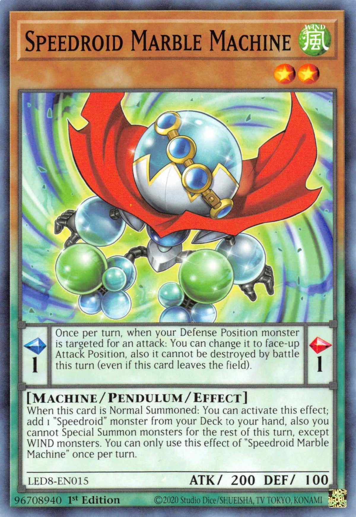 1st Edition, Common, Legendary Duelists: Synchro Storm, Machine, Pendulum/Effect Monster, Wind Speedroid Marble Machine [LED8-EN015] Common - Trading Card World