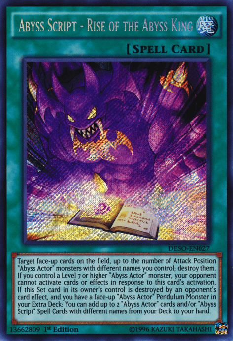1st Edition, Destiny Soldiers, Normal Spell, Secret Rare, Spell Abyss Script - Rise of the Abyss King [DESO-EN027] Secret Rare - Trading Card World