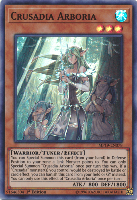 1st Edition, 2019 Gold Sarcophagus Tin Mega Pack, Super Rare, Tuner/Effect Monster, Unlimited, Warrior, Water Crusadia Arboria [MP19-EN078] Super Rare - Trading Card World