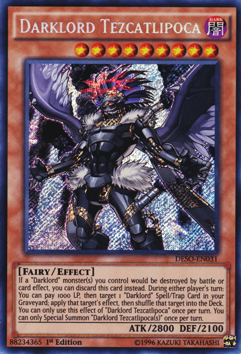 1st Edition, Dark, Destiny Soldiers, Effect Monster, Fairy, Secret Rare Darklord Tezcatlipoca [DESO-EN031] Secret Rare - Trading Card World