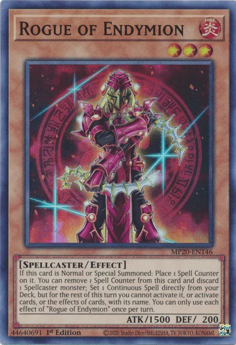 1st Edition, 2020 Tin of Lost Memories, Effect Monster, Fire, Spellcaster, Super Rare Rogue of Endymion [MP20-EN146] Super Rare - Trading Card World