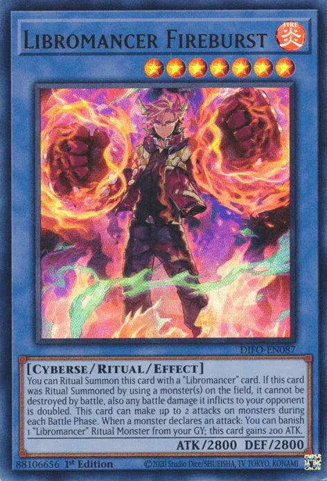 1st Edition, Cyberse, Dimension Force, Fire, Ritual/Effect Monster, Ultra Rare Libromancer Fireburst [DIFO-EN087] Ultra Rare - Trading Card World