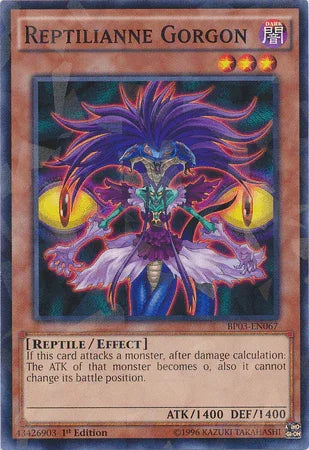1st Edition, Battle Pack 3: Monster League, Dark, Effect Monster, Reptile, Shatterfoil Rare Reptilianne Gorgon [BP03-EN067] Shatterfoil Rare - Trading Card World