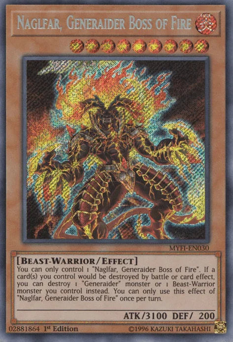 1st Edition, Beast-Warrior, Effect Monster, Fire, Mystic Fighters, Secret Rare Naglfar, Generaider Boss of Fire [MYFI-EN030] Secret Rare - Trading Card World