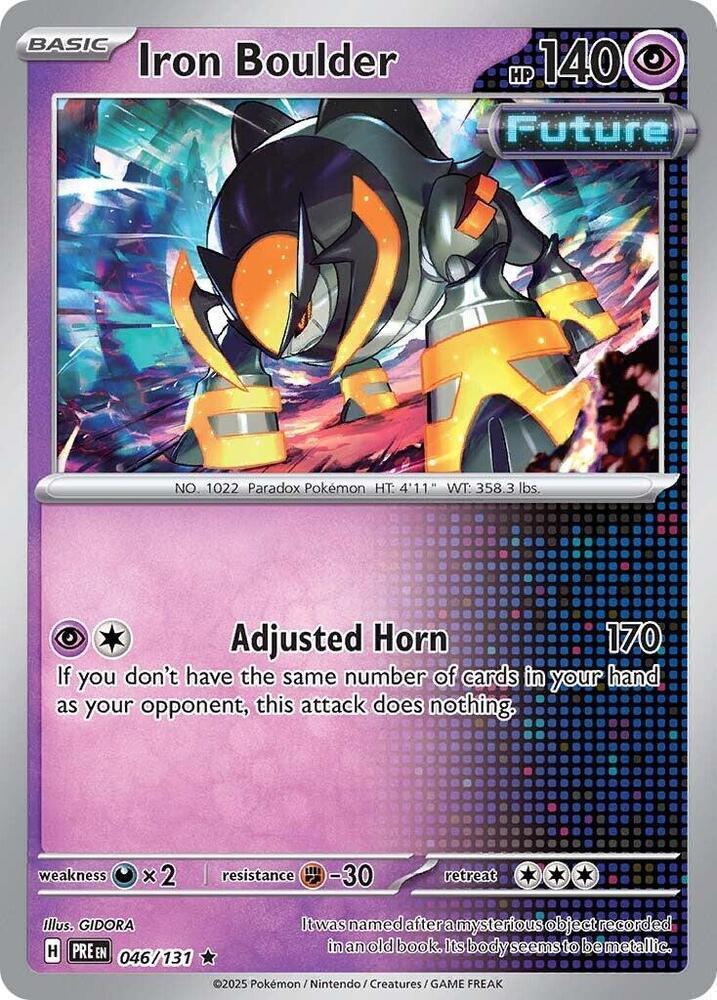 046, Darkness [x2], Fighting [-30], Holofoil, Psychic, Rare, Reverse Holofoil, Scarlet & Violet: Prismatic Evolutions Iron Boulder (046/131) [Scarlet & Violet: Prismatic Evolutions] - Trading Card World