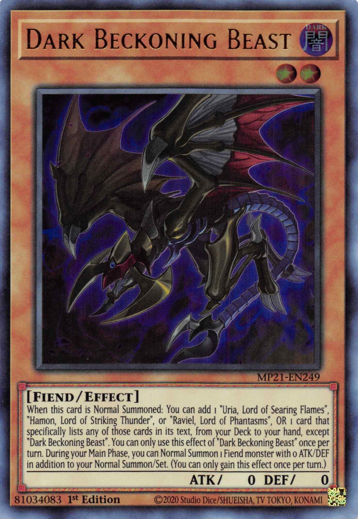 1st Edition, 2021 Tin of Ancient Battles, Dark, Effect Monster, Fiend, Ultra Rare Dark Beckoning Beast [MP21-EN249] Ultra Rare - Trading Card World