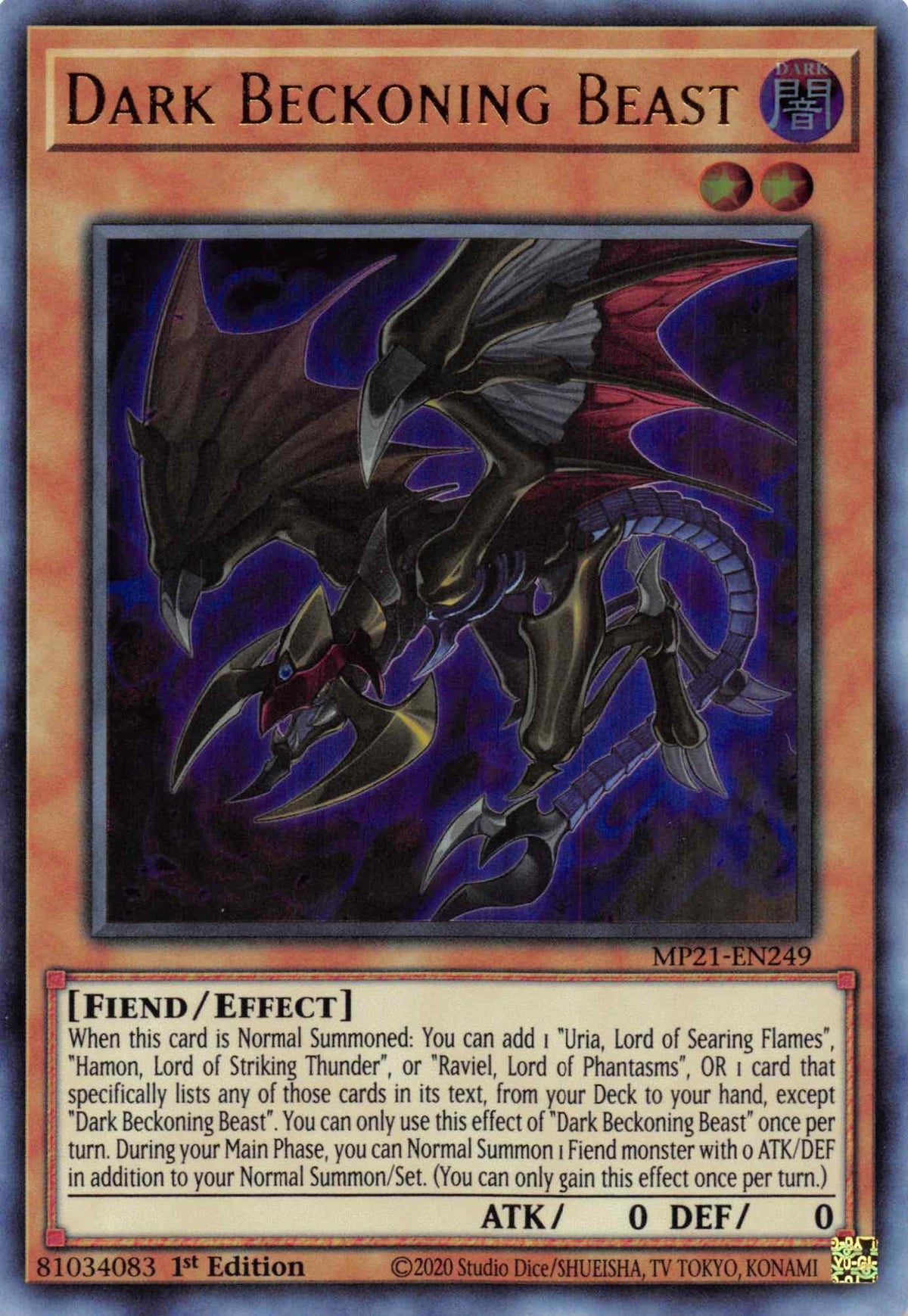 1st Edition, 2021 Tin of Ancient Battles, Dark, Effect Monster, Fiend, Ultra Rare Dark Beckoning Beast [MP21-EN249] Ultra Rare - Trading Card World