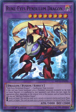 1st Edition, 2015 Mega-Tins Mega Pack, Dark, Dragon, Fusion/Effect Monster, Ultra Rare Rune-Eyes Pendulum Dragon [MP15-EN220] Ultra Rare - Trading Card World
