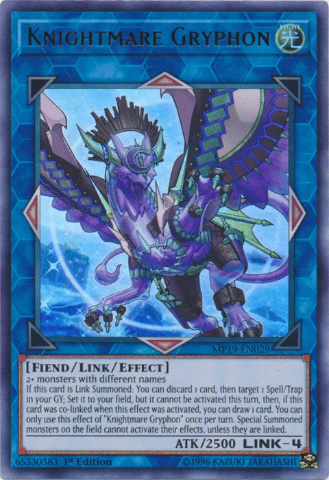 1st Edition, 2019 Gold Sarcophagus Tin Mega Pack, Fiend, Light, Link/Effect Monster, Ultra Rare, Unlimited Knightmare Gryphon [MP19-EN029] Ultra Rare - Trading Card World