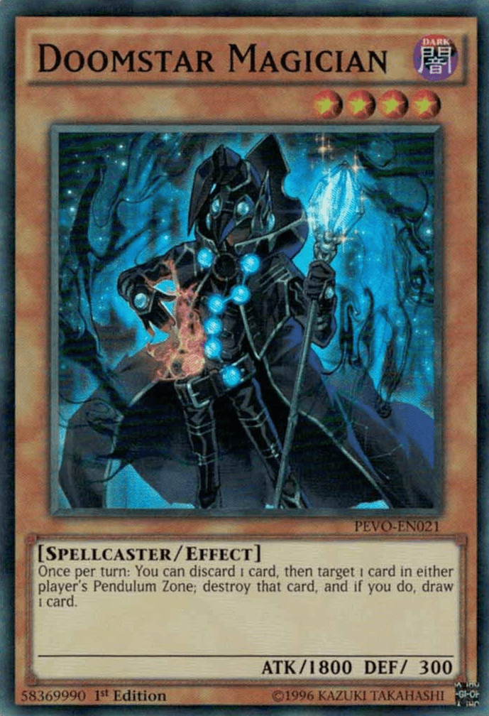1st Edition, Dark, Effect Monster, Pendulum Evolution, Spellcaster, Super Rare Doomstar Magician [PEVO-EN021] Super Rare - Trading Card World