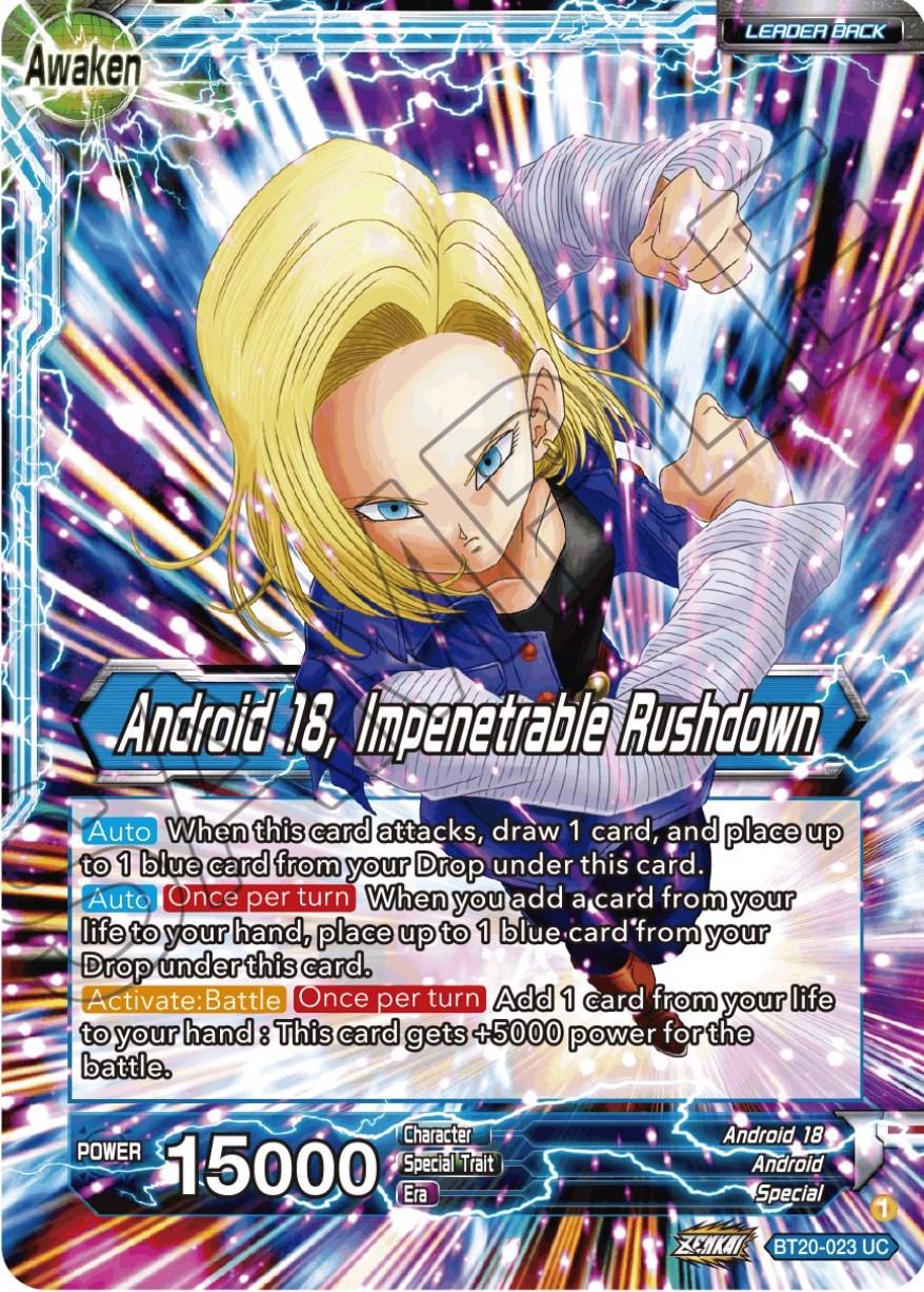 Android, Android 18, Blue, BT20-023, Leader, Normal, Parallel Foil, Power Absorbed, Special, Uncommon Android 18 // Android 18, Impenetrable Rushdown (BT20-023) [Power Absorbed] - Trading Card World