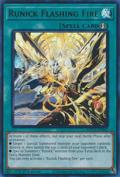 1st Edition, Dueling Heroes Collectors Tin - Mega Pack (25th Anniversary Edition), Quick-Play Spell, Spell, Ultra Rare Runick Flashing Fire [MP23-EN242] Ultra Rare - Trading Card World