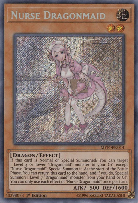 1st Edition, Dragon, Earth, Effect Monster, Mystic Fighters, Secret Rare Nurse Dragonmaid [MYFI-EN014] Secret Rare - Trading Card World