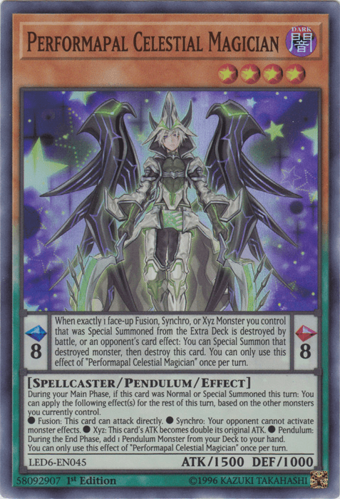 1st Edition, Dark, Legendary Duelists: Magical Hero, Pendulum/Effect Monster, Spellcaster, Super Rare, Unlimited Performapal Celestial Magician [LED6-EN045] Super Rare - Trading Card World