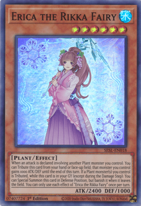 1st Edition, Effect Monster, Plant, Secret Slayers, Super Rare, Water Erica the Rikka Fairy [SESL-EN018] Super Rare - Trading Card World