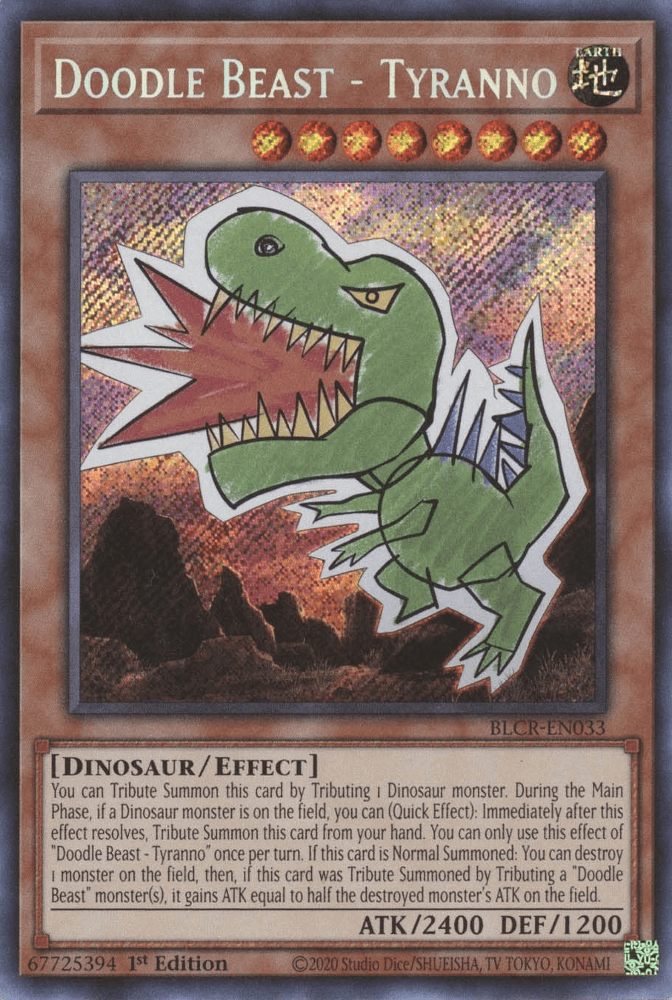 1st Edition, Battles of Legend: Crystal Revenge, Dinosaur, Earth, Effect Monster, Secret Rare Doodle Beast - Tyranno [BLCR-EN033] Secret Rare - Trading Card World