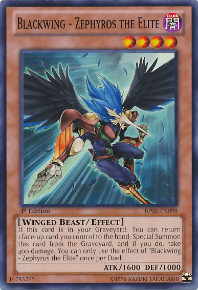 1st Edition, Battle Pack 2: War of the Giants, Common, Dark, Effect Monster, Unlimited, Winged Beast Blackwing - Zephyros the Elite [BP02-EN098] Common - Trading Card World