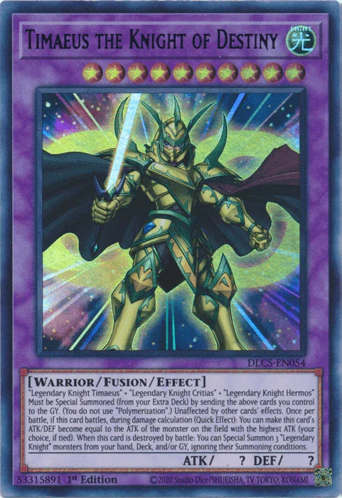 1st Edition, Dragons of Legend: The Complete Series, Fusion/Effect Monster, Light, Ultra Rare, Warrior Timaeus the Knight of Destiny (Green) [DLCS-EN054] Ultra Rare - Trading Card World