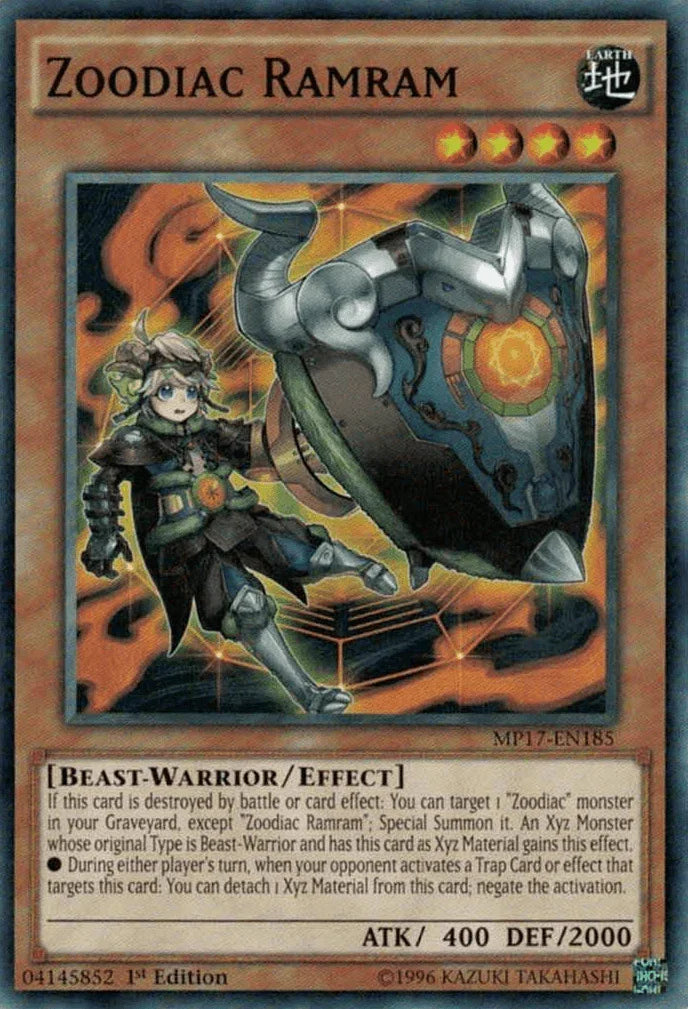 1st Edition, 2017 Mega-Tins Mega Pack, Beast-Warrior, Common, Earth, Effect Monster Zoodiac Ramram [MP17-EN185] Common - Trading Card World
