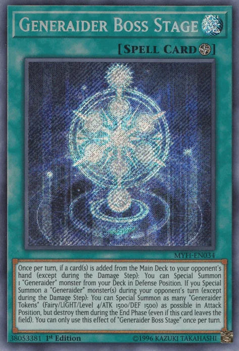 1st Edition, Field Spell, Mystic Fighters, Secret Rare, Spell Generaider Boss Stage [MYFI-EN034] Secret Rare - Trading Card World