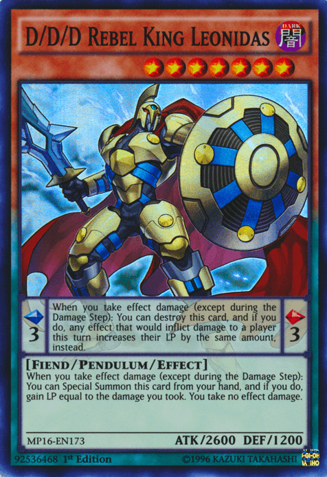 1st Edition, 2016 Mega-Tins Mega Pack, Dark, Fiend, Pendulum/Effect Monster, Super Rare, Unlimited D/D/D Rebel King Leonidas [MP16-EN173] Super Rare - Trading Card World