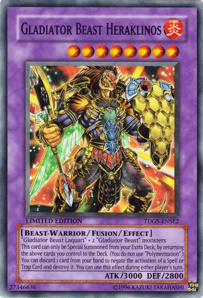 Beast-Warrior, Fire, Fusion Monster, Limited, Super Rare, The Duelist Genesis Gladiator Beast Heraklinos [TDGS-ENSE2] Super Rare - Trading Card World